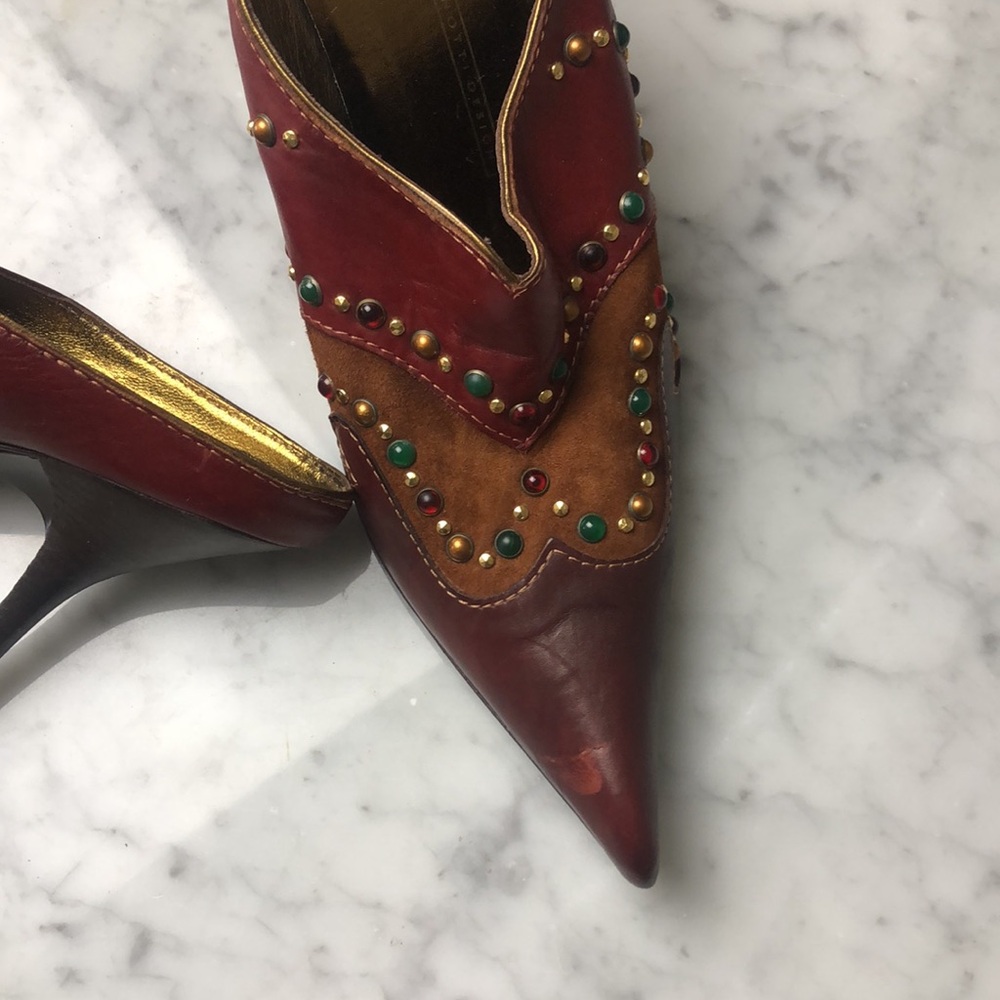 Giuseppe Zanotti design Size 7.5 Two-Tone Red & Brown Studded Pointed-Heel Mules - Picture 4 of 10